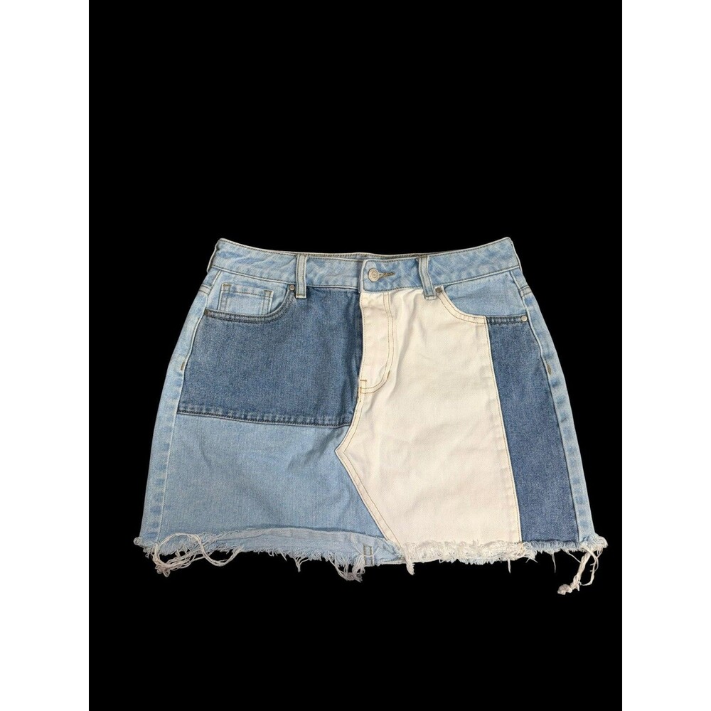 PacSun Three Tone Denim Mini Skirt Womens Size 28 Raw Hem Y2K Blue White